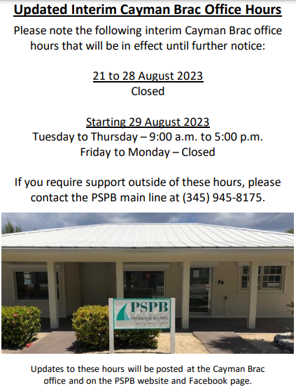 Update Cayman Brac Office Hours - Effective August 21, 2023